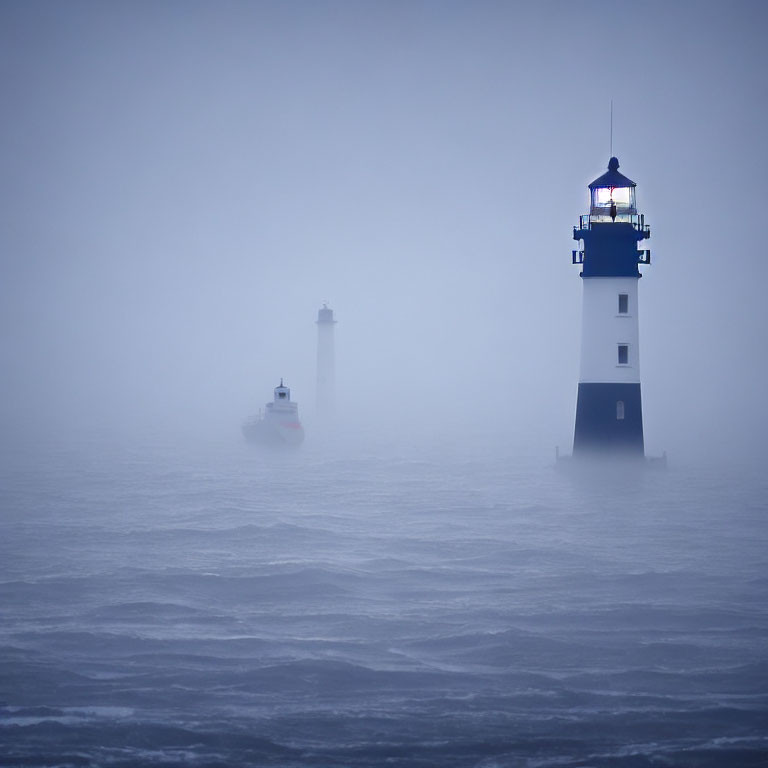 Misty seascape with ship and lighthouse in faint glow