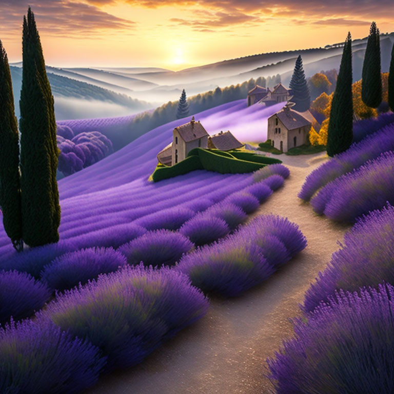 Scenic lavender field with rolling hills, house, and church at sunrise