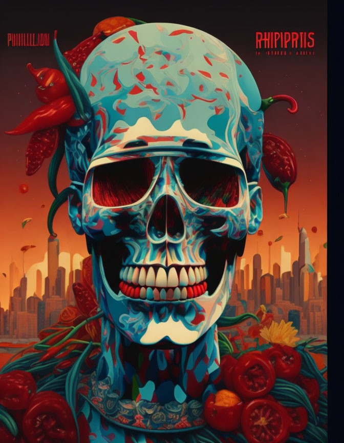 Colorful Skull Art with Peppers and Tomatoes on Cityscape Sunset Background