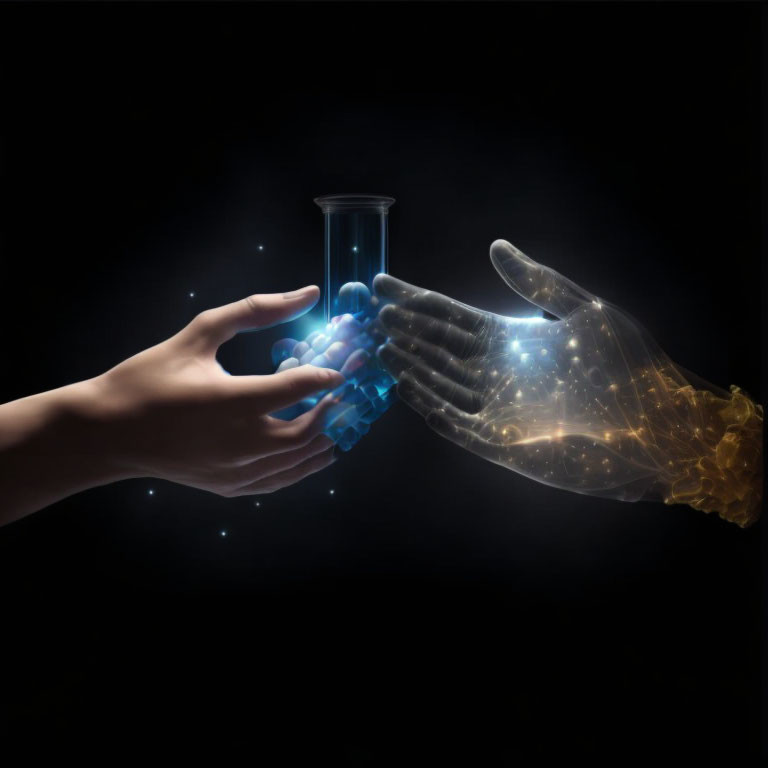 Glowing test tube passed from human to digital hand symbolizes blend of science and technology