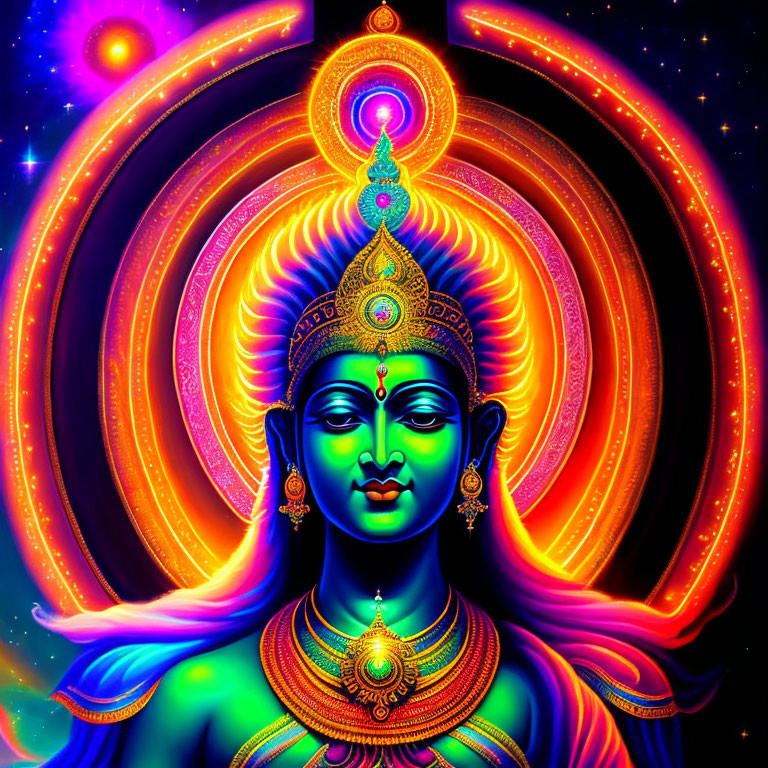 Blue deity with ornate headdresses in cosmic background