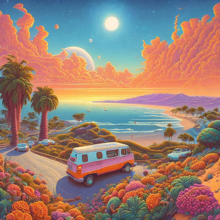 Vibrant surreal coastal landscape with van, flora, ocean, and sky