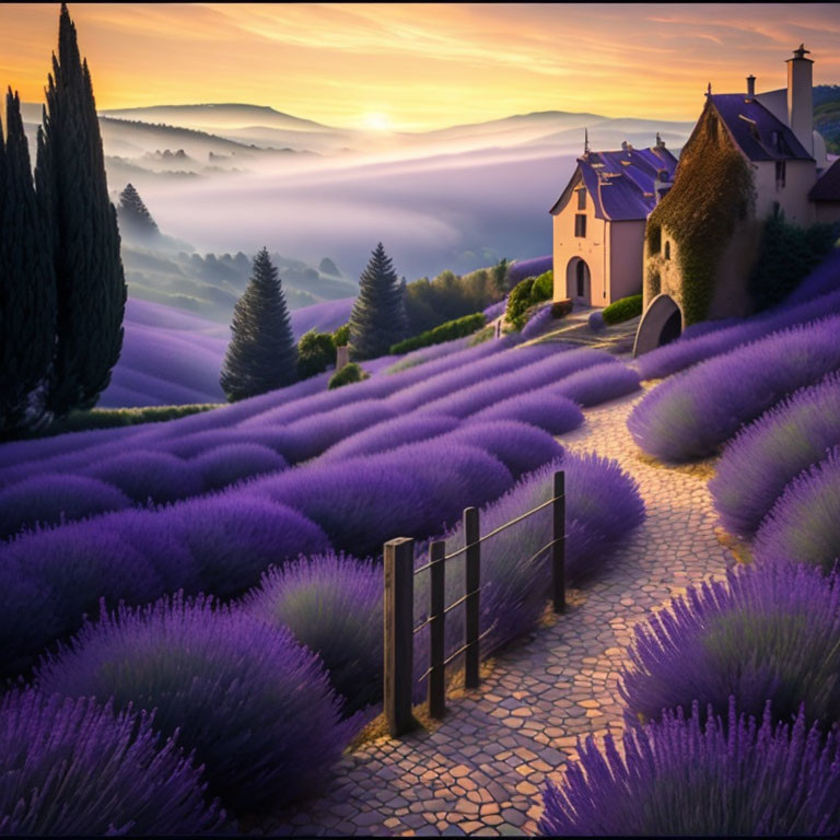 Lavender Field Sunrise Scene with Cobblestone Path & Charming House