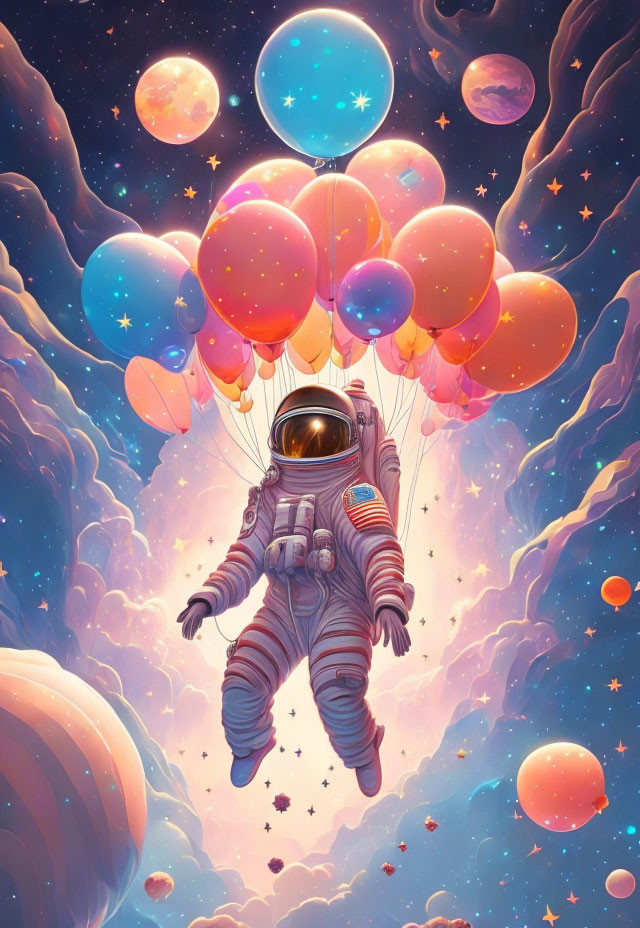 Astronaut floating with colorful balloons in cosmic space