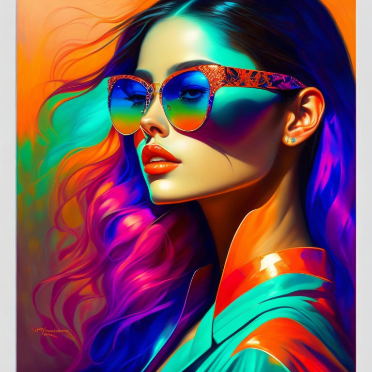 Colorful Hair Woman Portrait in Reflective Sunglasses and Orange Jacket