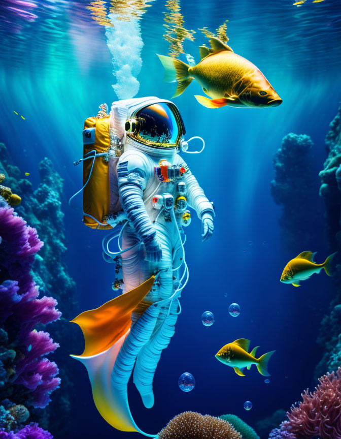 Astronaut underwater among vibrant coral reefs and fish