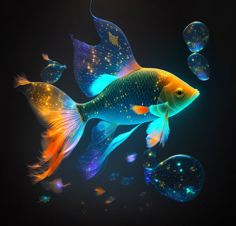 Neon-colored digital artwork of a fish with glowing bubbles on dark backdrop