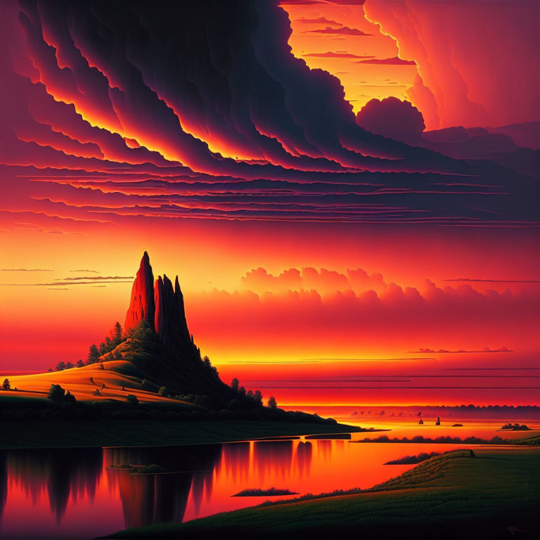 Fiery sunset clouds over serene lake with rock formation