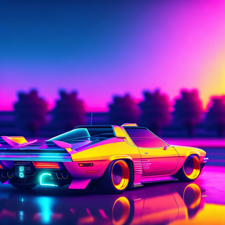 Vibrant retro-futuristic sports car under neon sunset.