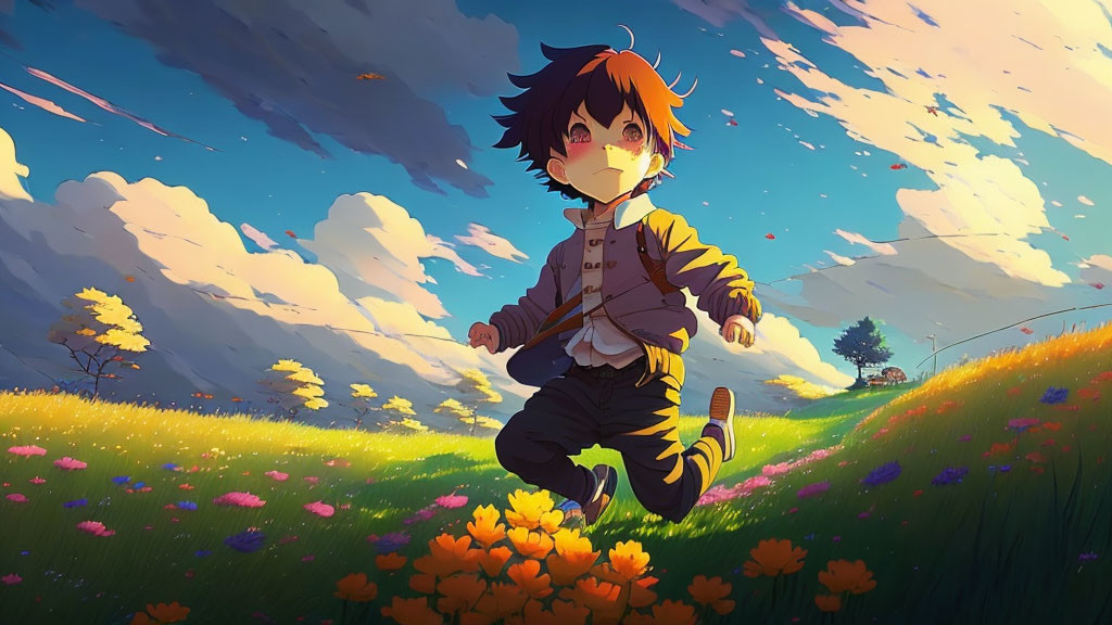 Joyful animated character running in vibrant meadow at sunset