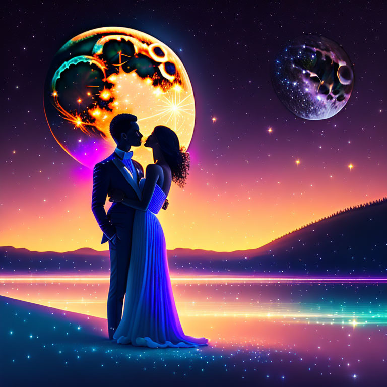 Romantic couple embraces under vibrant cosmic sky