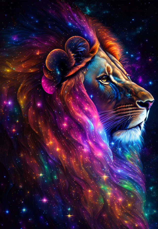 Colorful lion with cosmic mane in starry space background