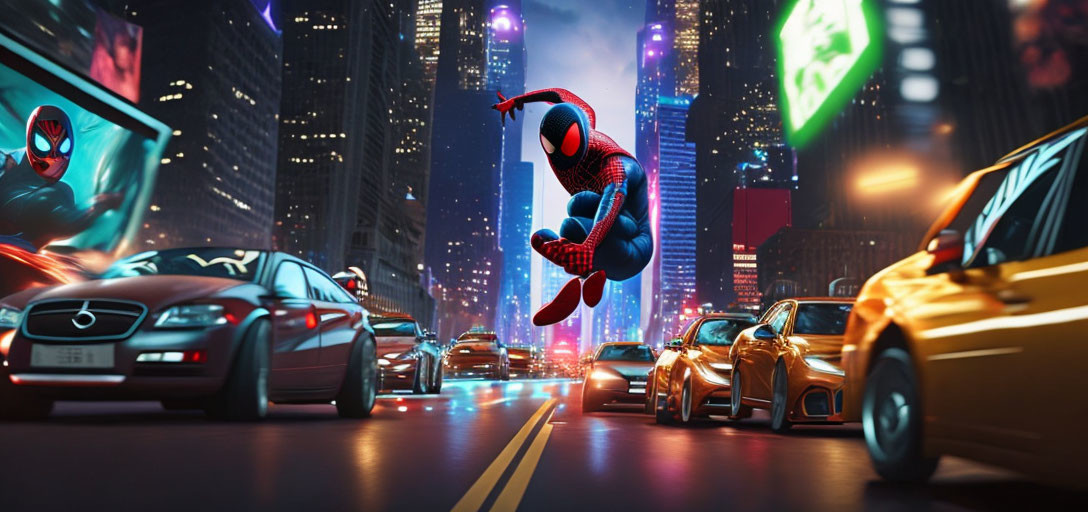 Superhero swings between cars in neon-lit cityscape.