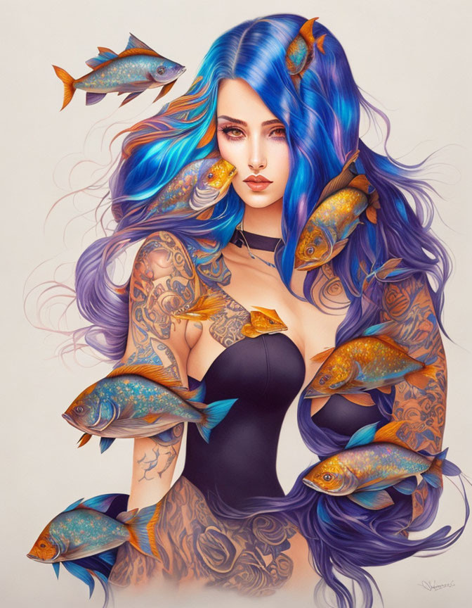 Colorful woman with blue hair, tattoos, and goldfish motif