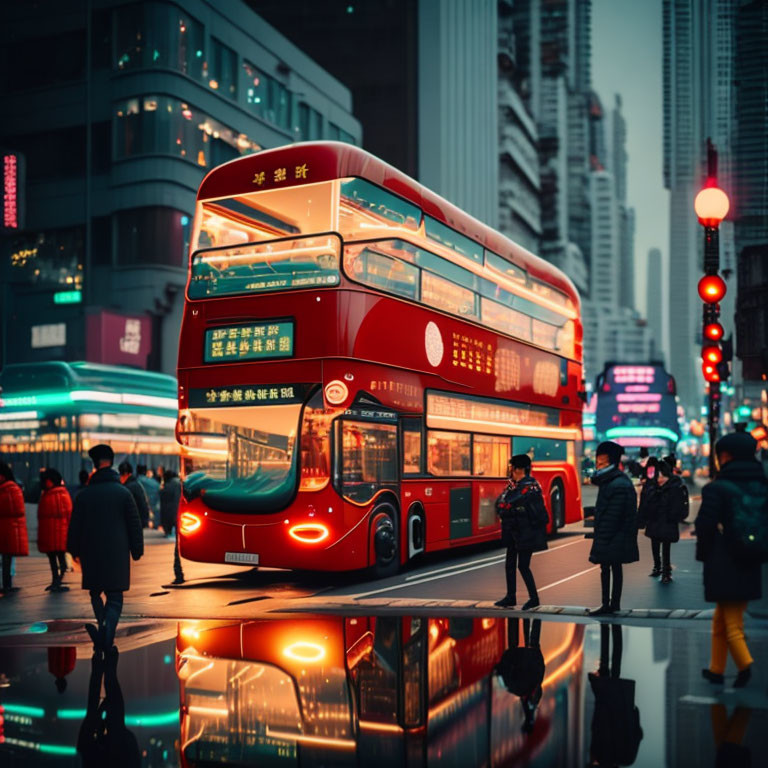 City street scene at dusk with red double-decker bus and pedestrians.