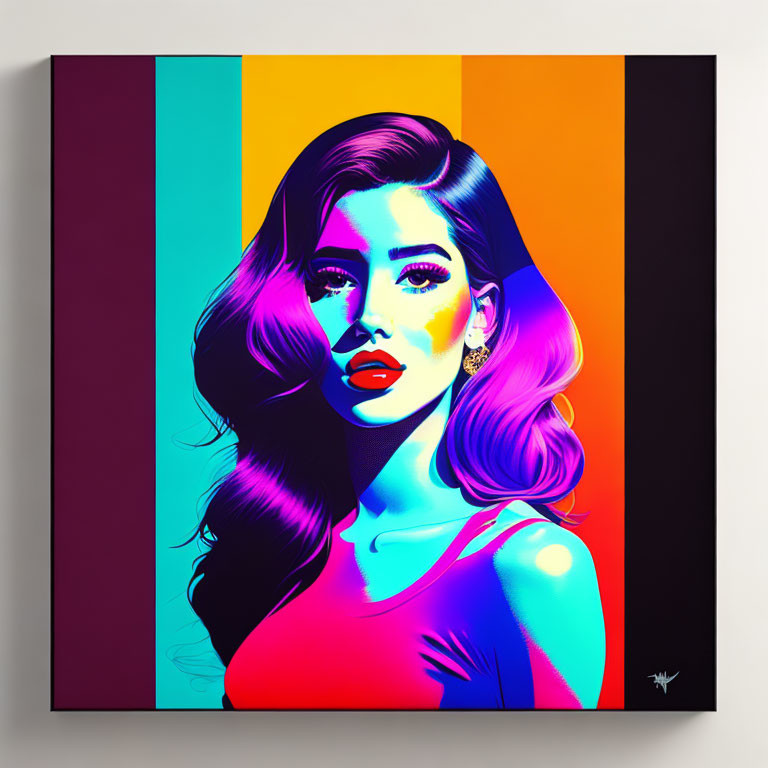 Vibrant pop art portrait of a woman with flowing neon hair