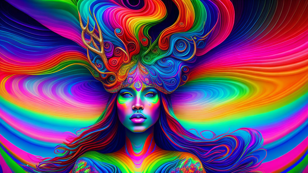 Colorful digital artwork of woman with flowing hair and psychedelic patterns