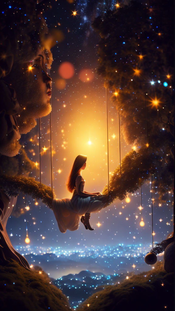 Surreal cosmic scene: woman on swing under celestial tree, silhouetted faces, warm