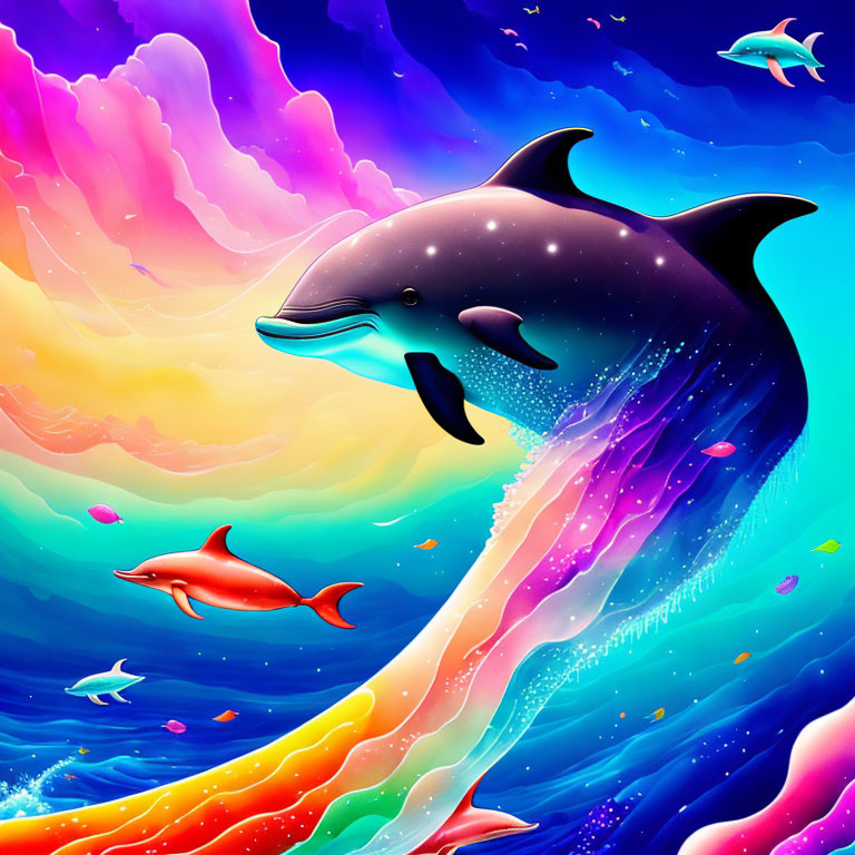 Colorful cosmic dolphin leaping over ocean with marine life in dreamy sky