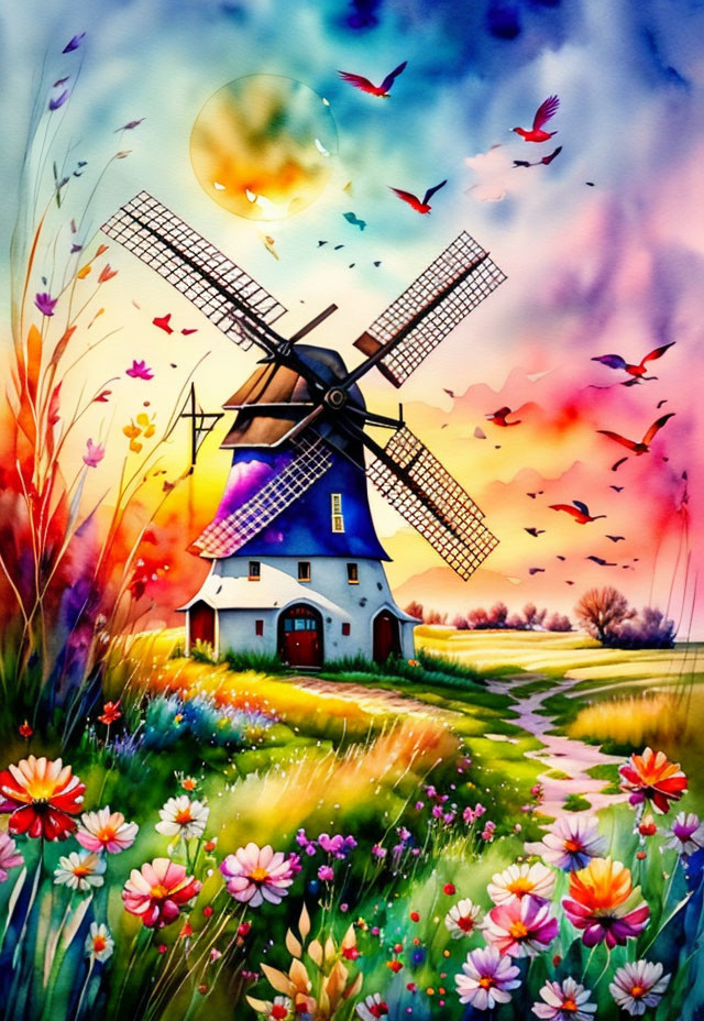 Colorful watercolor painting: Windmill, flowers, birds, sunset sky, sailboat reflection