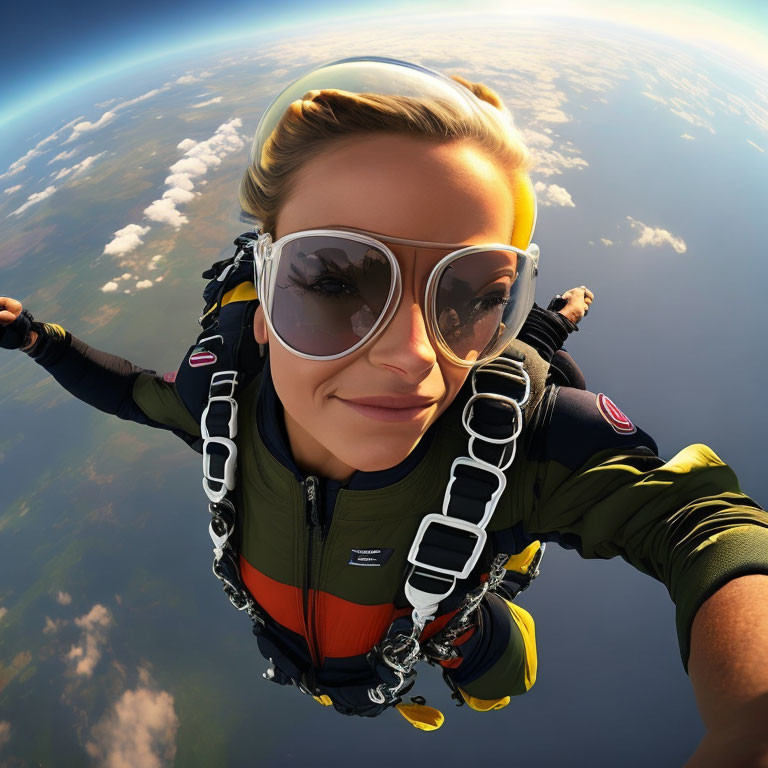 Smiling skydiver with goggles in mid-air against Earth's horizon