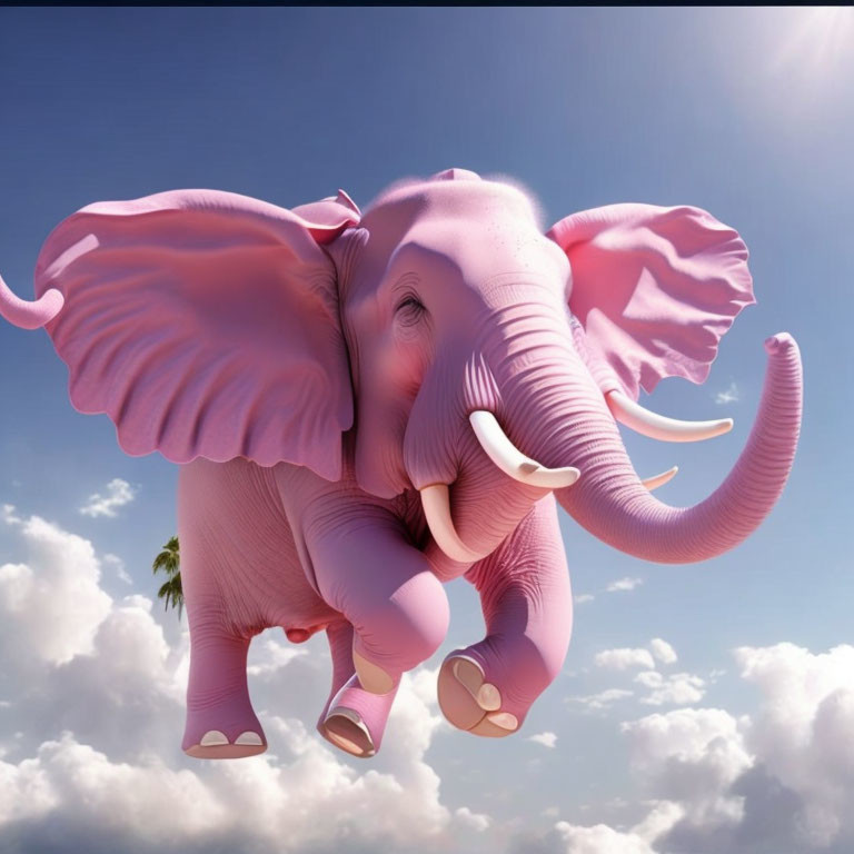 Pink elephant flying in sky with clouds - Digital art illustration