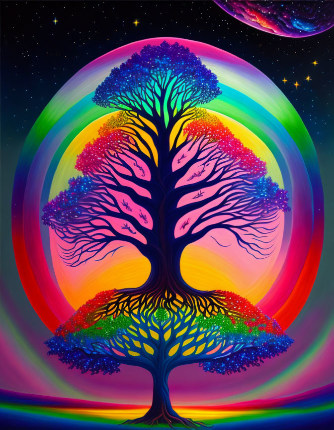 Colorful tree with cosmic background: rainbow aurora, planet, stars