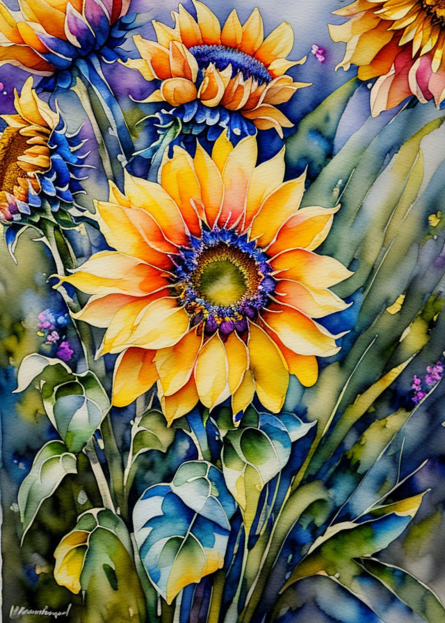 Colorful watercolor painting of sunflowers and blue flowers