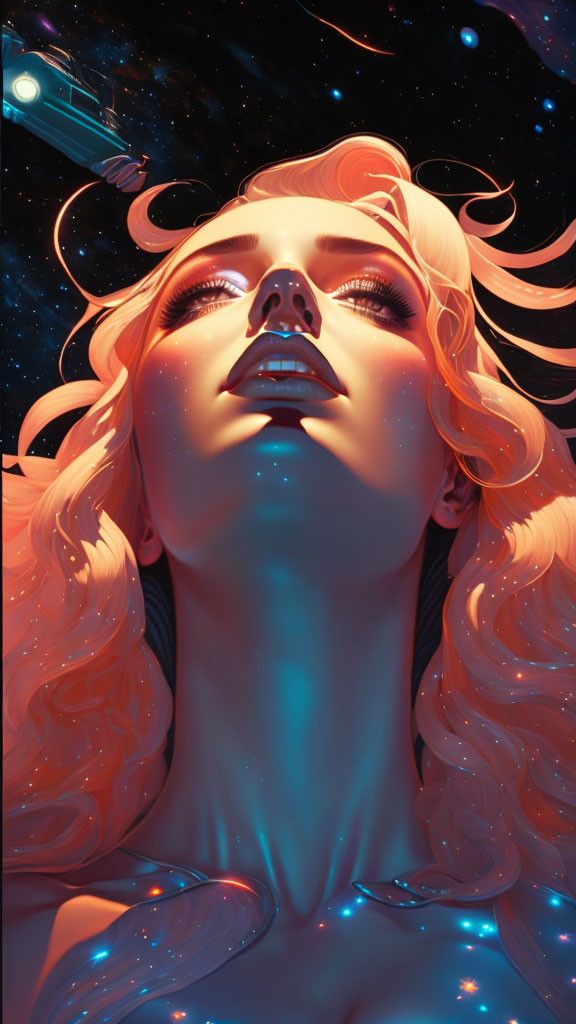 Digital artwork: Woman with orange hair and blue skin under starry space.