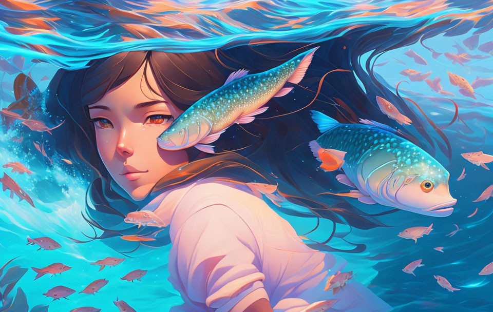 Girl underwater with flowing hair and vibrant fish in serene illustration