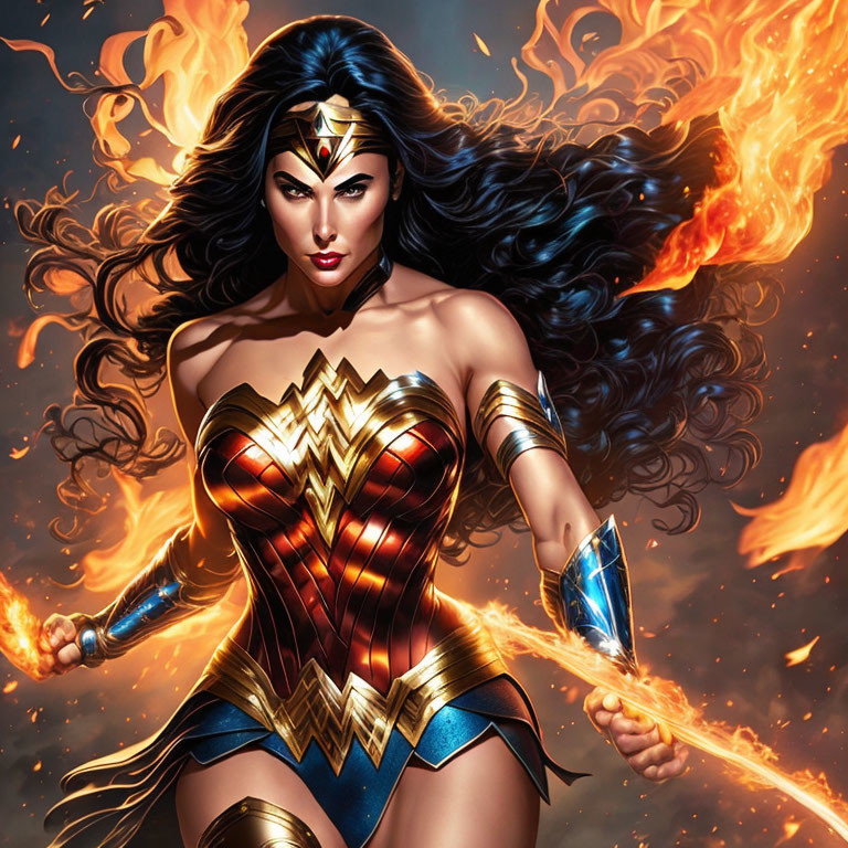 Powerful Wonder Woman illustration with lasso in fiery backdrop.