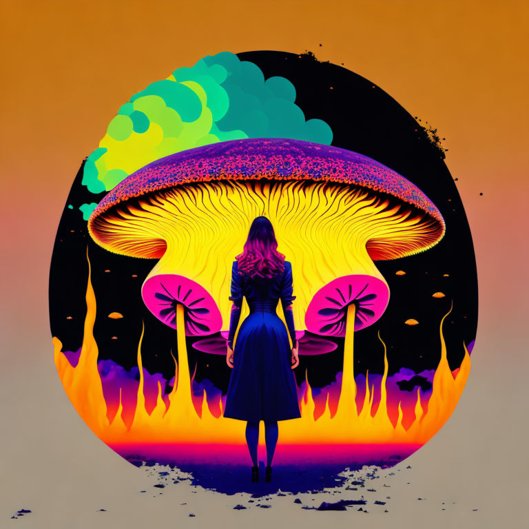 Colorful Psychedelic Mushroom Artwork on Orange Background