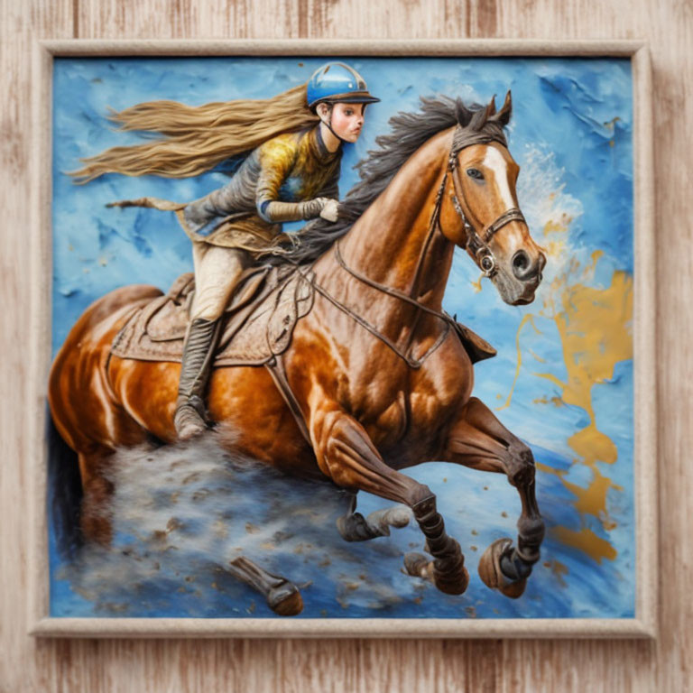 Jockey on Galloping Horse Painting in Wooden Frame