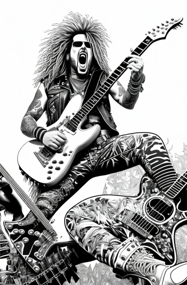 Monochrome rock musician with electric guitar and wild hair