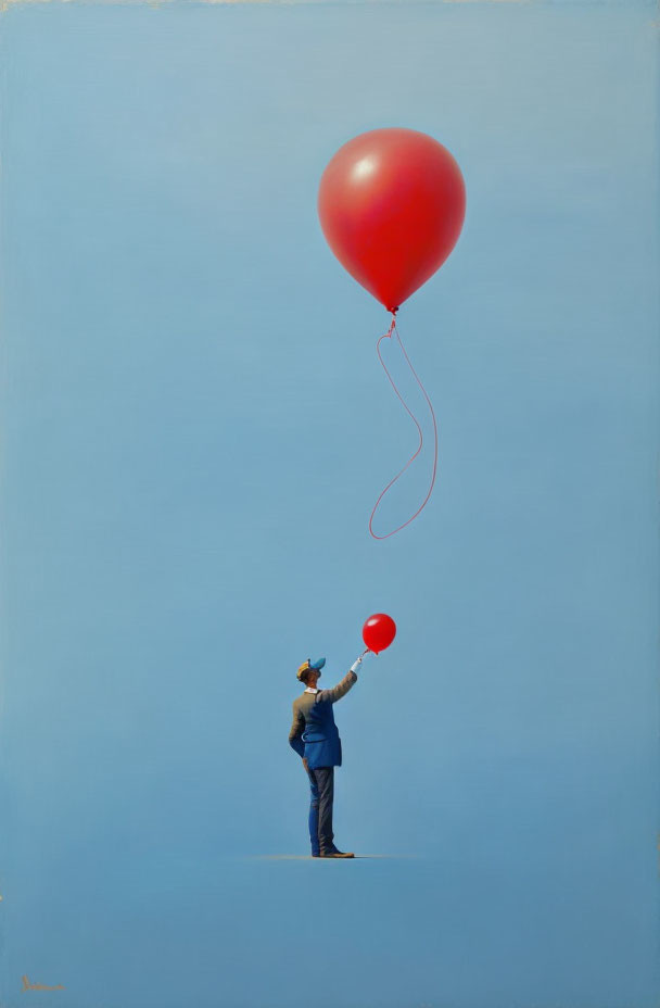 Person in suit and hat reaching for heart-shaped balloon against blue background