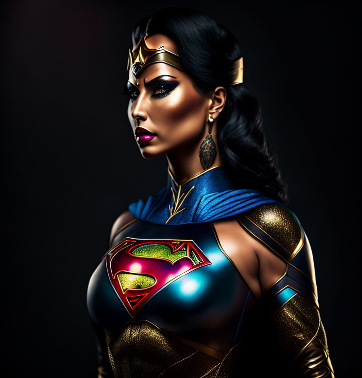 Stylized portrait of woman in Wonder Woman tiara & Superman armor on dark background