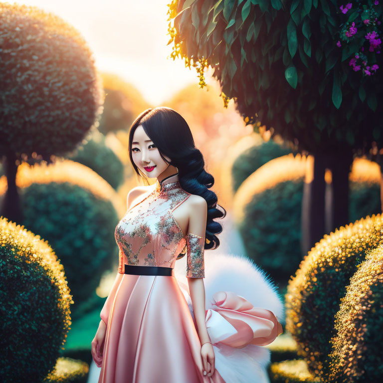 Traditional Asian Dress Woman Smiling in Sunlit Garden