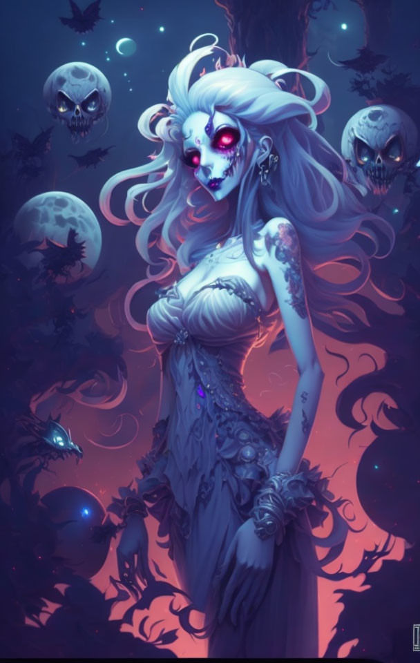 Gothic fantasy female figure with red eyes among skulls and lights on moonlit night