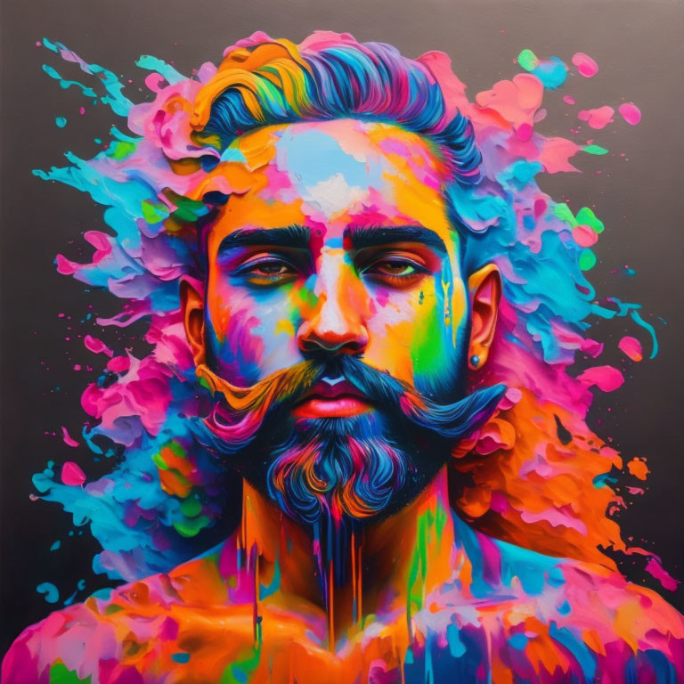 Colorful portrait of a bearded man with paint splashes on dark background