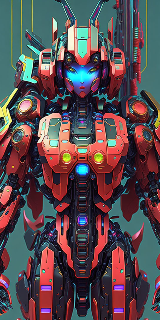 Futuristic female robot with intricate armor and glowing blue eyes on teal backdrop