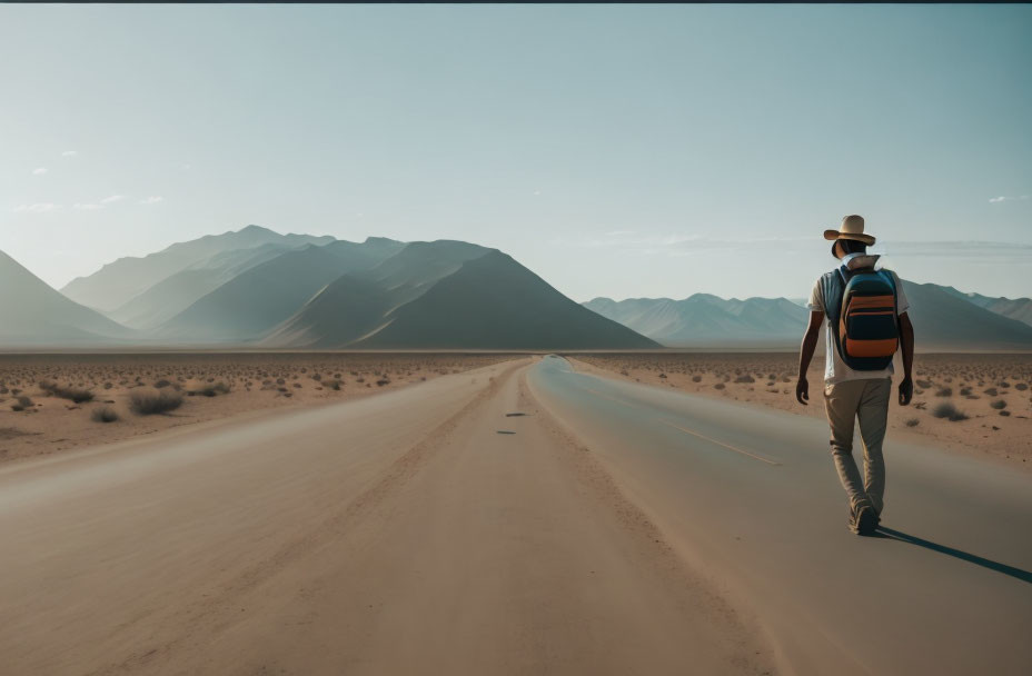 Hiker with backpack walking on desert road to mountains