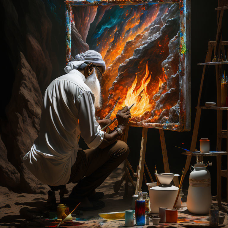 Artist painting fiery landscape in dimly lit studio