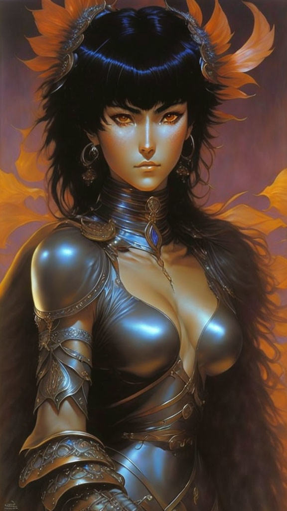 Illustration of female warrior with black hair, golden headpiece, and silver armor on warm background