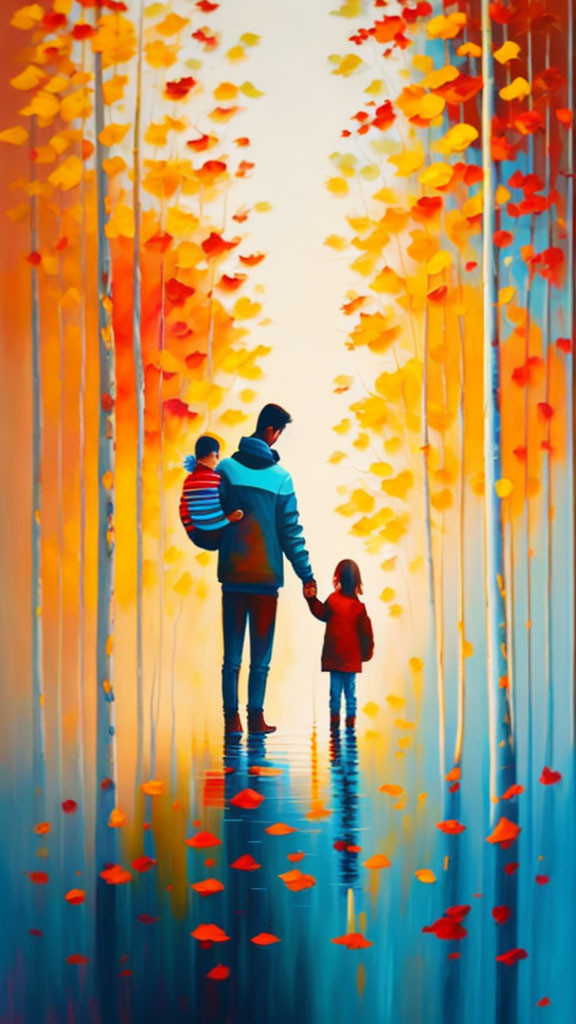 Tranquil painting of person with children on autumn path