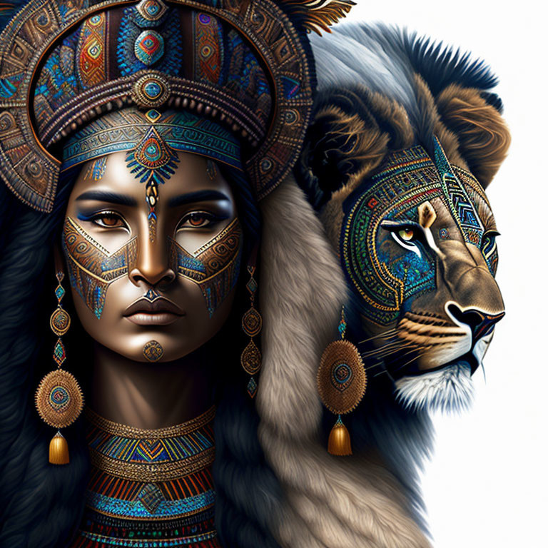 Digital Artwork: Woman and Lion in Tribal Jewelry with Blue and Gold Theme