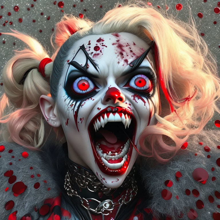 Menacing female zombie character with bloodshot eyes, fangs, blonde pigtails, and spiked