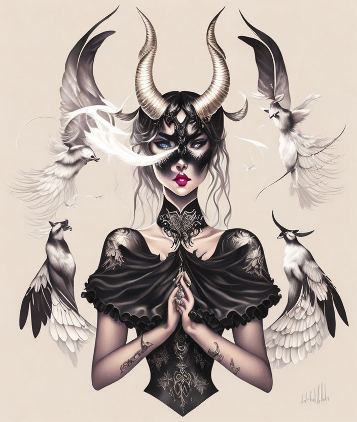 Mystical female figure with horns and birds in gothic fantasy theme