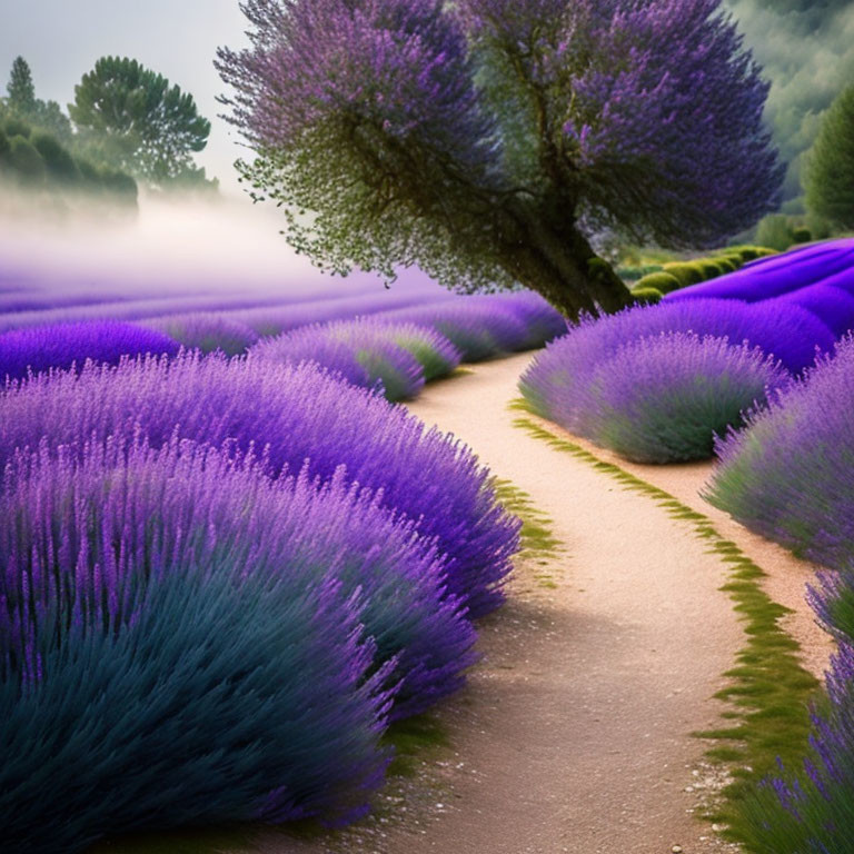 Scenic lavender fields with misty backdrop and lone tree