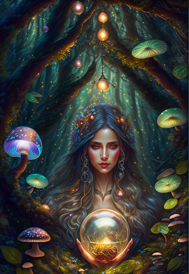 Mystical female figure with orb in enchanted forest setting