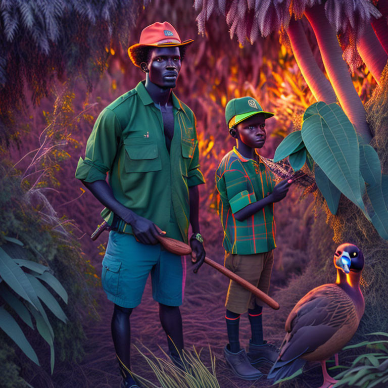 Two park rangers in green uniforms and orange hats in vibrant purple landscape with tools and bird.